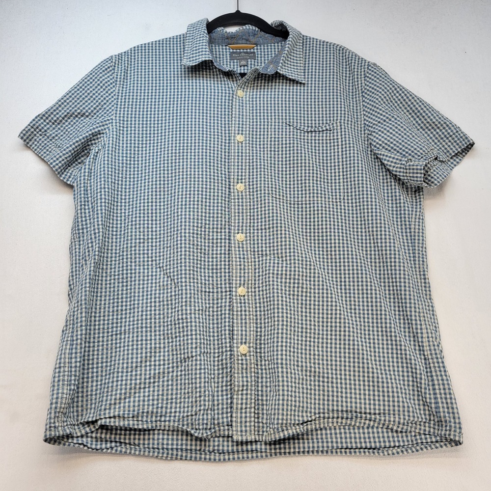 L.L. Bean Signature Button Down Shirt Mens L Blue Gingham Short Sleeve Seesucker